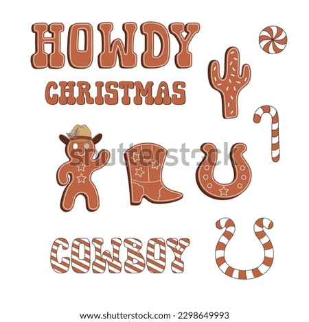 Cowboy Christmas gingerbread, peppermint candy cane illustration set isolated on white. Western Christmassy treats clip art collection. Howdy Xmas festive sweets design elements. 