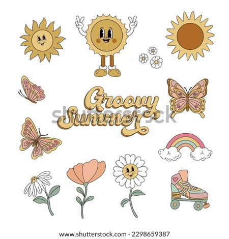 Sun, butterfly, rainbow, flower, daisy, rollers vector clip-art set isolated on white. Cartoon outlined illustration collection. Groovy hippie summer design element.