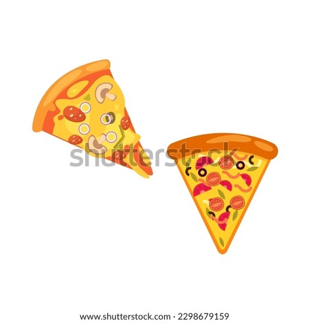 Pizza slice icon vector. Pizza slice with melted cheese. Slice of pepperoni pizza. Vector clip art illustration with simple gradients. Cartoon sticker in comic style with contour.