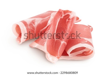 Italian prosciutto crudo or spanish jamon. Raw ham isolated on white background with full depth of field. Royalty-Free Stock Photo #2298680809