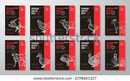Premium Quality Meat and Poultry Vector Packaging Product Label Design Layouts Collection with Retro Typography and Hand Drawn Domestic Animals and Birds Sketch Silhouettes Backgrounds Set. Isolated