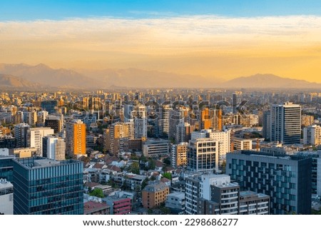 Elevated view of Providencia district at sunset in Santiago de Chile
