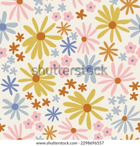 Decorative abstract daisy flower vector seamless pattern. Scandinavian childish summer floral background. Baby surface design for textile fabric Royalty-Free Stock Photo #2298696557
