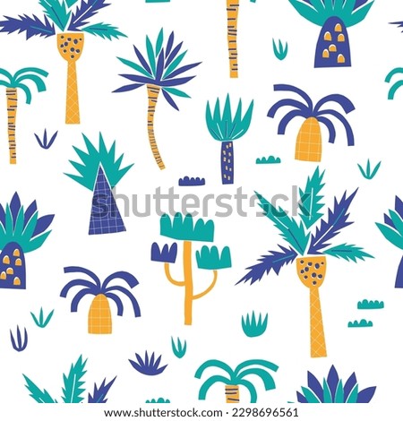 Jungle palm and plant decorative shape cutouts style vector seamless pattern. Scandinavian childish wild summer background. Baby surface bold design for textile fabric