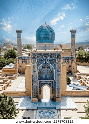 Samarkand, Uzbekistan aerial view of  Gur-e-Amir - a mausoleum of the Asian conqueror Timur. Translation on mosque: "Tamerlane".  Famous travel destination in Uzbekistan Royalty-Free Stock Photo #2298708315
