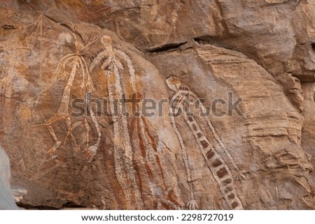 Ancient rock art at Burrungui or Burrungkuy (Nourlangie) in caves and shelters, Arnhem Land Escarpment, Kakadu National Park, Northern Territory, Australia Royalty-Free Stock Photo #2298727019