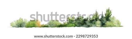 Watercolor trees and bushes isolated on white background. Gorizontal bar element, divider, separator, footer for your design. Vector illustration.