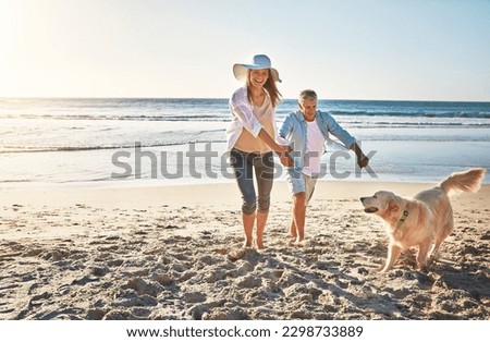 Having so much fun in the sun. a mature couple spending the day at the beach with their dog. Royalty-Free Stock Photo #2298733889