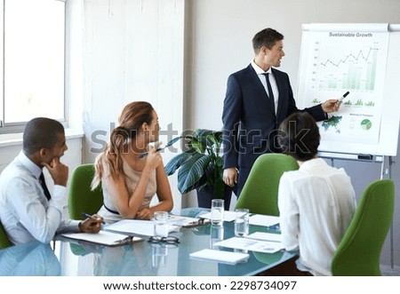 Business man, speaker or presentation of corporate management team with sustainable growth chart. Training, people or collaboration of eco friendly company staff in conference room for report meeting