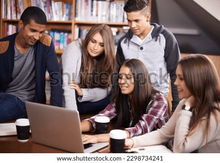 University, friends and people in library on laptop for online research, studying and learning. Education, academy and happy men and women students on computer for knowledge, internet and website