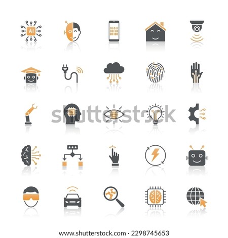 Artificial Intelligence Icon Set With Reflect On White Background.