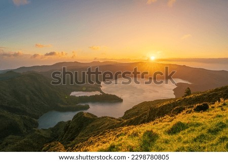 Aerial view of the volcanic lake,  Lagoa do Fogo on Sao Miguel Island at sunrise, Azores, Portugal Royalty-Free Stock Photo #2298780805