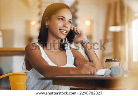 Writing, phone networking or cafe woman talking with customer for coffee shop or restaurant deal. Happy small business worker with smile, vision idea or motivation planning book schedule innovation