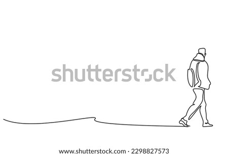 man backpacking nature far away walk hiking relax calm back rear behind line art Royalty-Free Stock Photo #2298827573