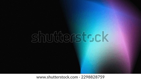 Blue grainy gradient glowing abstract colored light shape on black noise texture background copy space, minimal wide banner web header cover poster design