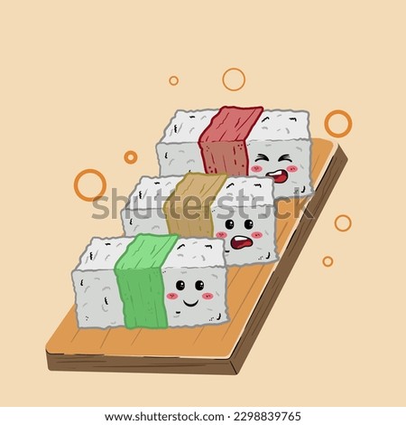 set cute sushi onigiri in kawaii style with smiling faces. Japanese traditional cuisine dishes. Can be used for t-shirt print, sticker, greeting card, menu design.