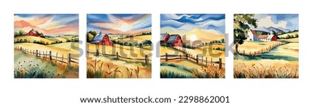 Farm on a hill with yellow or golden wheat field in a watercolor style, agriculture, cultivation, countryside, field, countryside, vector illustration banner with copy space Royalty-Free Stock Photo #2298862001