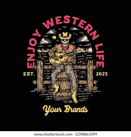 Cowboy and guitar tee graphic vector.