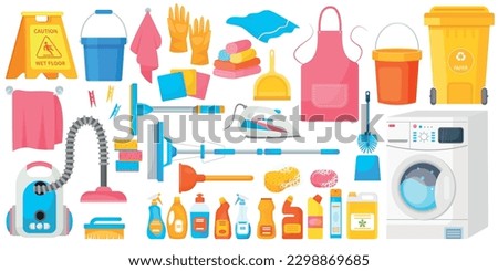 Vector cartoon set with cleaning and laundry items. The concept of cleanliness and cleaning. Cute elements for your design. Royalty-Free Stock Photo #2298869685