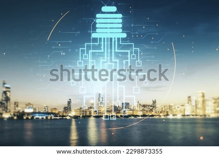 Virtual creative light bulb with chip hologram on Chicago office buildings background, artificial Intelligence and neural networks concept. Multiexposure