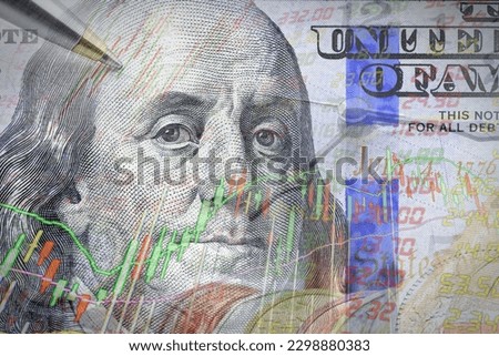 Safe-haven currency for investment, financial concept : US 100 USD dollar banknote and graph, depicting most popular asset for central bank reserve, global money for using or paying debt in the world. Royalty-Free Stock Photo #2298880383
