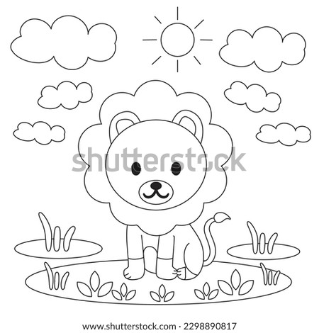 Cute and adorable lion, grass, cloud and sun coloring pages. To color this page is very easy. Suitable for young children and toddlers