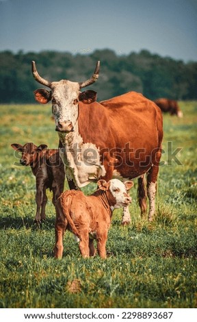 Cow with calves in the pasture. Cow family. Cow with calves. Portrait of cow with calves Royalty-Free Stock Photo #2298893687