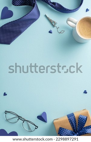 Set the stage for a Father's Day surprise with top view vertical picture coffee, tie clip, glasses, giftbox, and men accessories on a pastel blue background featuring an empty space for text or advert