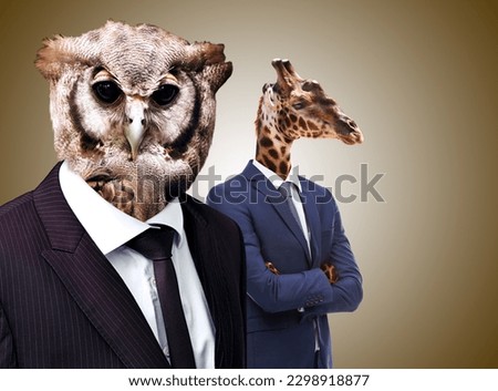 Business people, corporate and animal heads with success, career and professional with formalwear. Owl, giraffe and employees with weird faces, bizarre and weird isolated against a studio background