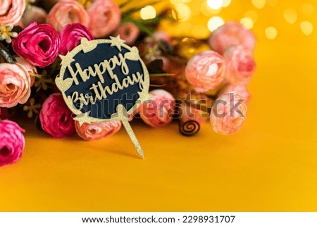 Happy birthday party background with text, Beautiful flowers with yellow background, Happy birthday greeting card image