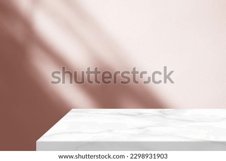 Minimal White Marble Table Corner with Shadow and Pink Light Beam on Concrete Wall Background, Suitable for Product Presentation Backdrop, Display, and Mock up.