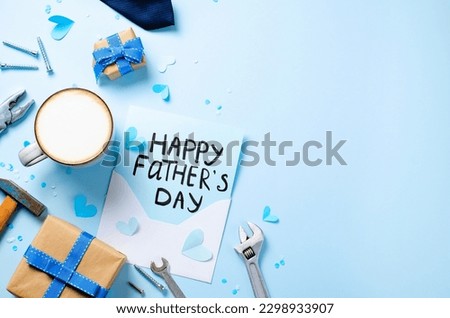 Happy Father's Day Concept, Greeting card, Father's Day Breakfast with a cute letter on light blue background