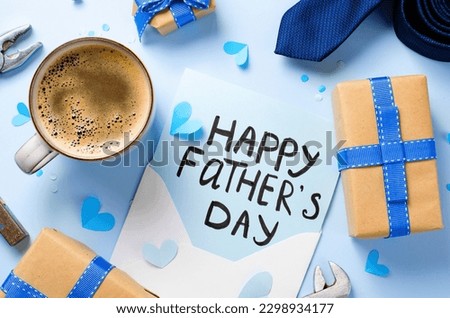 Happy Father's Day Concept, Greeting card, Father's Day Breakfast with a cute letter on light blue background
