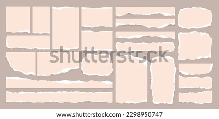 Realistic torn or ripped paper sheets collection for social media background decoration. Notebook scrap, blank office note strip or grunge banner edge vector illustration. Newspaper split clip art.