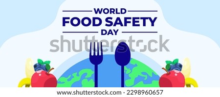 World Food Safety Banner Background. Design Horizontal Banner Template. With Apple, Banana, Blueberry, Fork and Spoon .Vector Illustration