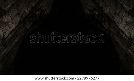 Abstract black background with dark rock texture on the side. Mystical gloomy mountain texture, deep dark cave in the rocks.