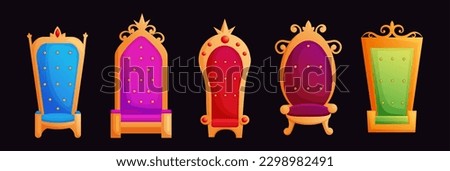 Crown throne. Gold chair. Emperors seat. Royal king armchair. 3D luxury carving. Sofa decoration. Isolated classic furniture. Palace interior elements set. Vector cartoon illustration
