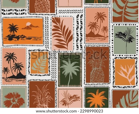  Colourful  Retro Tropical  palm trees silhouettes , Island , Leaves , flower repeat in retro style. Vector art Hand drawn illustration for summer design, print, exotic wallpaper, textile, fabric