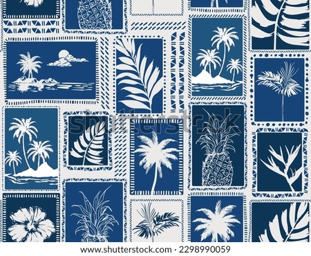 Retro Monotone Blue Tropical  palm trees silhouettes , Island , Leaves , flower repeat in retro style. Vector art Hand drawn illustration for summer design, print, exotic wallpaper, textile, fabric Royalty-Free Stock Photo #2298990059