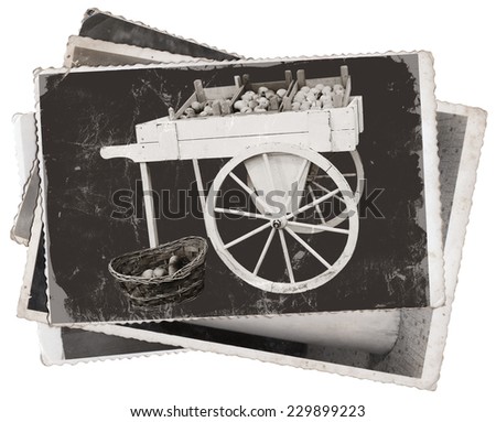 Black and white photos, Vintage photos Old wooden cart with apples