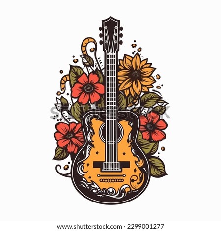 A beautiful guitar adorned with flowers in this stunning illustration perfect for music or flower-related businesses.