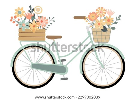 Cartoon pastel color bicycle with spring flowers in crate and basket. Isolated on white background. Vintage bike carrying basket, crate with flowers and plants. Vector illustration.
