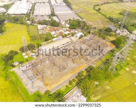 Industrial Photography. Aerial shot control inspections of electric power stations, electricity high voltage transmission towers. Located in the Cikancung area on the outskirts of Bandung - Indonesia