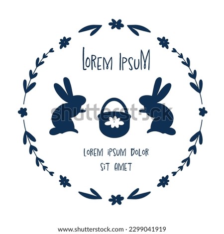 vector illustration of bunny silhouettes and a basket of flowers in a round floral frame with text space, scandi style, png doodle clip art, logo,