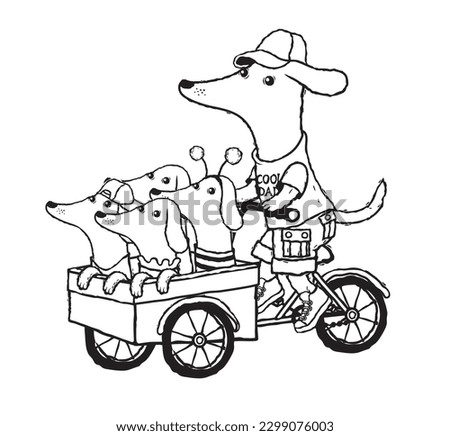 Vector illustration of a dog on a cargo bicycle with puppies