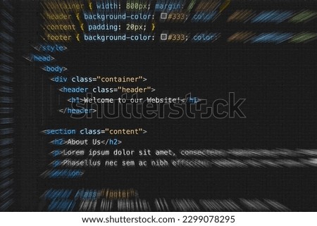 HTML website code. Colorful programming script of an internet site. Symbolic for cyber security and software development.