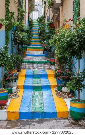 Colorful stairs among historical buildings in the old Medina, the Jewish neighborhood in downtown Fez, Morocco, Africa. Traditional houses on tiny urban streets, decorated with plants and flowers.  Royalty-Free Stock Photo #2299092025