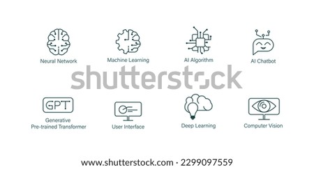 neural network, machine learning, ai algorithm, ai chatbot, generative pre trained transformer, user interface, deep learning, computer vision icon set vector illustration  Royalty-Free Stock Photo #2299097559