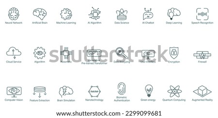 neural network, artificial brain, machine learning, ai algorithm, data science, ai chatbot, deep learning, speech recognition, cloud service, algorithm, gpt, user interface icon set vector Royalty-Free Stock Photo #2299099681