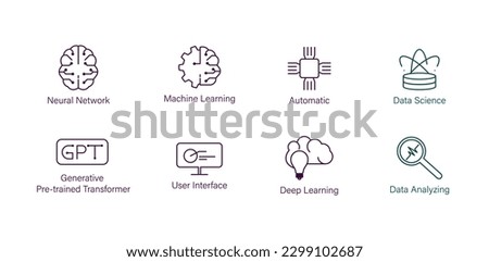neural network, machine learning, automatic, data science, gpt, user interface, data learning, data analyzing icon set vector illustration  Royalty-Free Stock Photo #2299102687